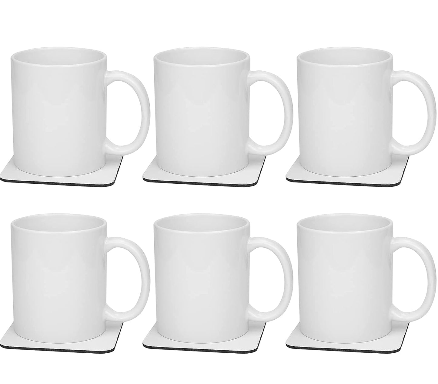 Set of 6 White Sublimation Blank Coffee Mugs+6Pcs Sublimation Cup Coaster, 11Oz Tea Chocolate Ceramic Cups- DIY Porcelain Classic Mug