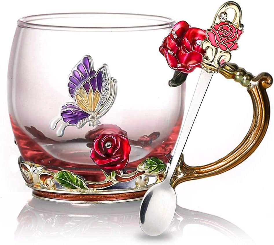 Tea Cup Glass Coffee Mugs Enamel Rose Flower Butterfly Drinking Cups with Spoon Set Unique Gifts for Birthday Wedding Christmas Red Rose Mug 12Oz