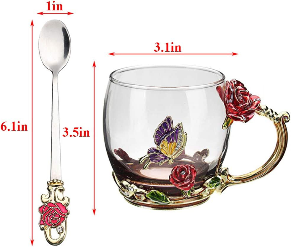 Tea Cup Glass Coffee Mugs Enamel Rose Flower Butterfly Drinking Cups with Spoon Set Unique Gifts for Birthday Wedding Christmas Red Rose Mug 12Oz