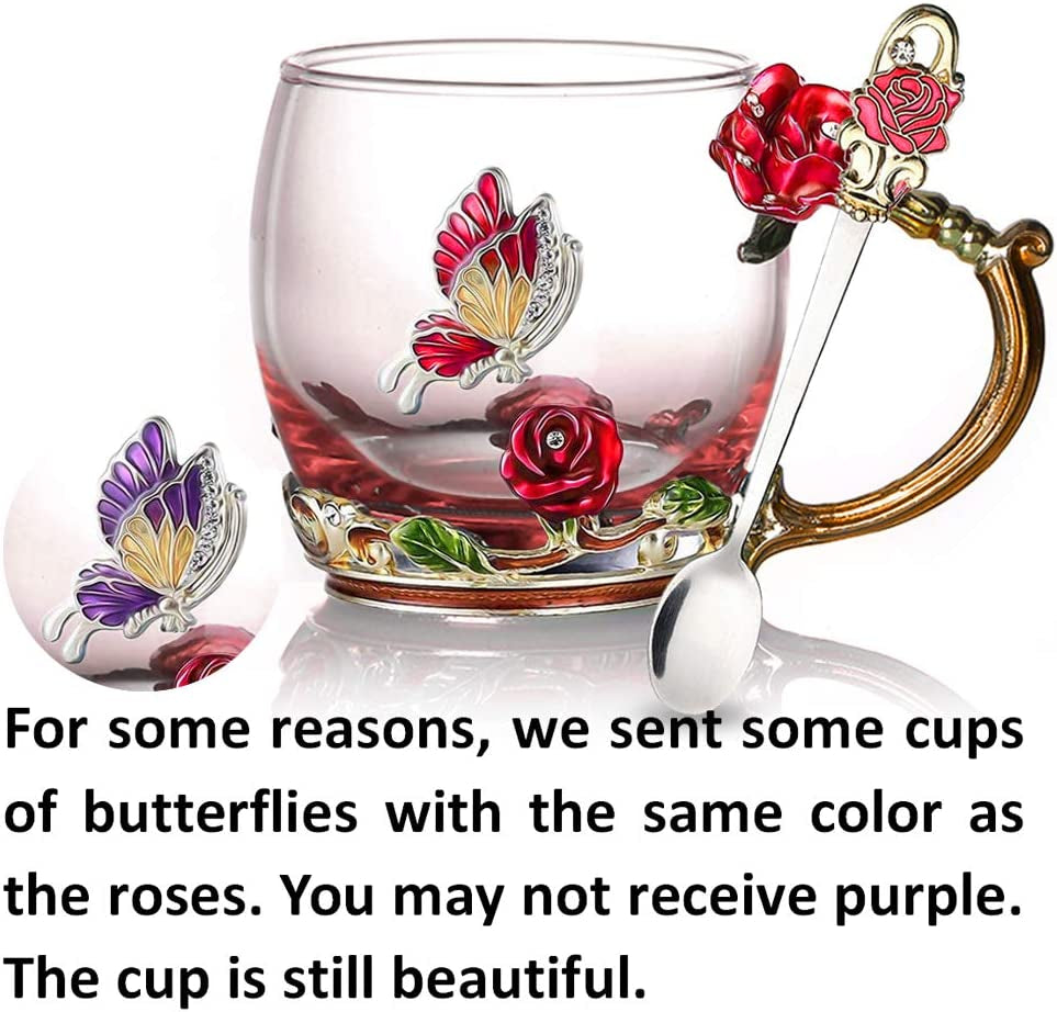 Tea Cup Glass Coffee Mugs Enamel Rose Flower Butterfly Drinking Cups with Spoon Set Unique Gifts for Birthday Wedding Christmas Red Rose Mug 12Oz